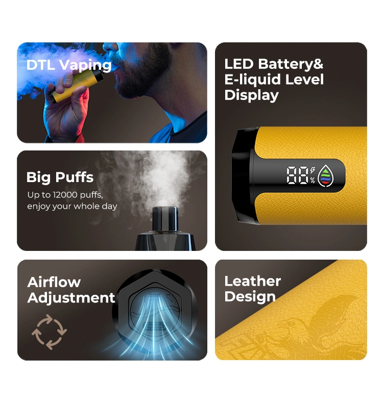 MT12000 Features: DTL Vaping, Big Puffs - Up to 12000 puffs, enjoy your whole day, LED Battery & E-liquid Level Display, Airflow Adjustable, Leather Design