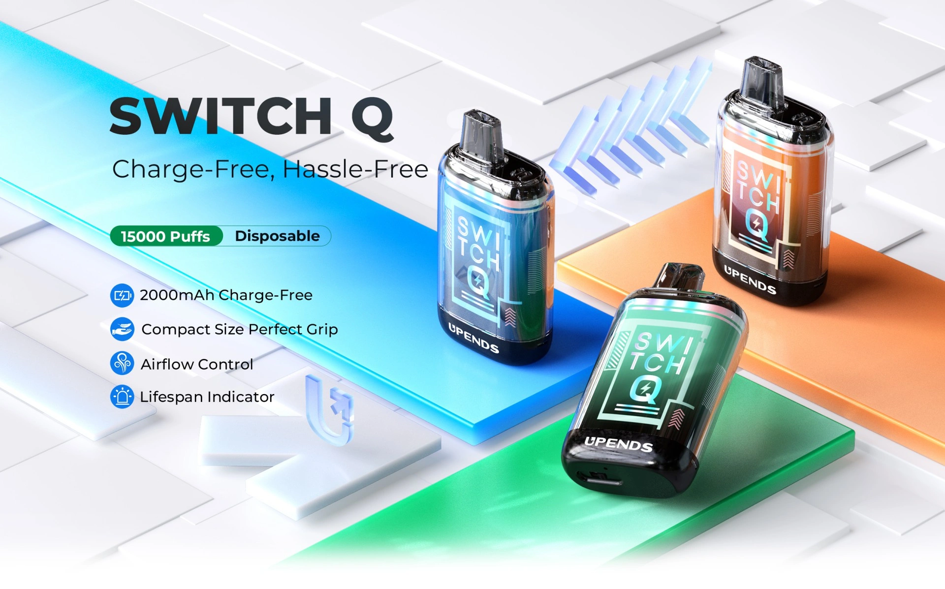 SWITCH Q Disposable Vape Top Banner: 1.Charge-Free, Hassle-Free, 15000 Puffs Disposable Vape