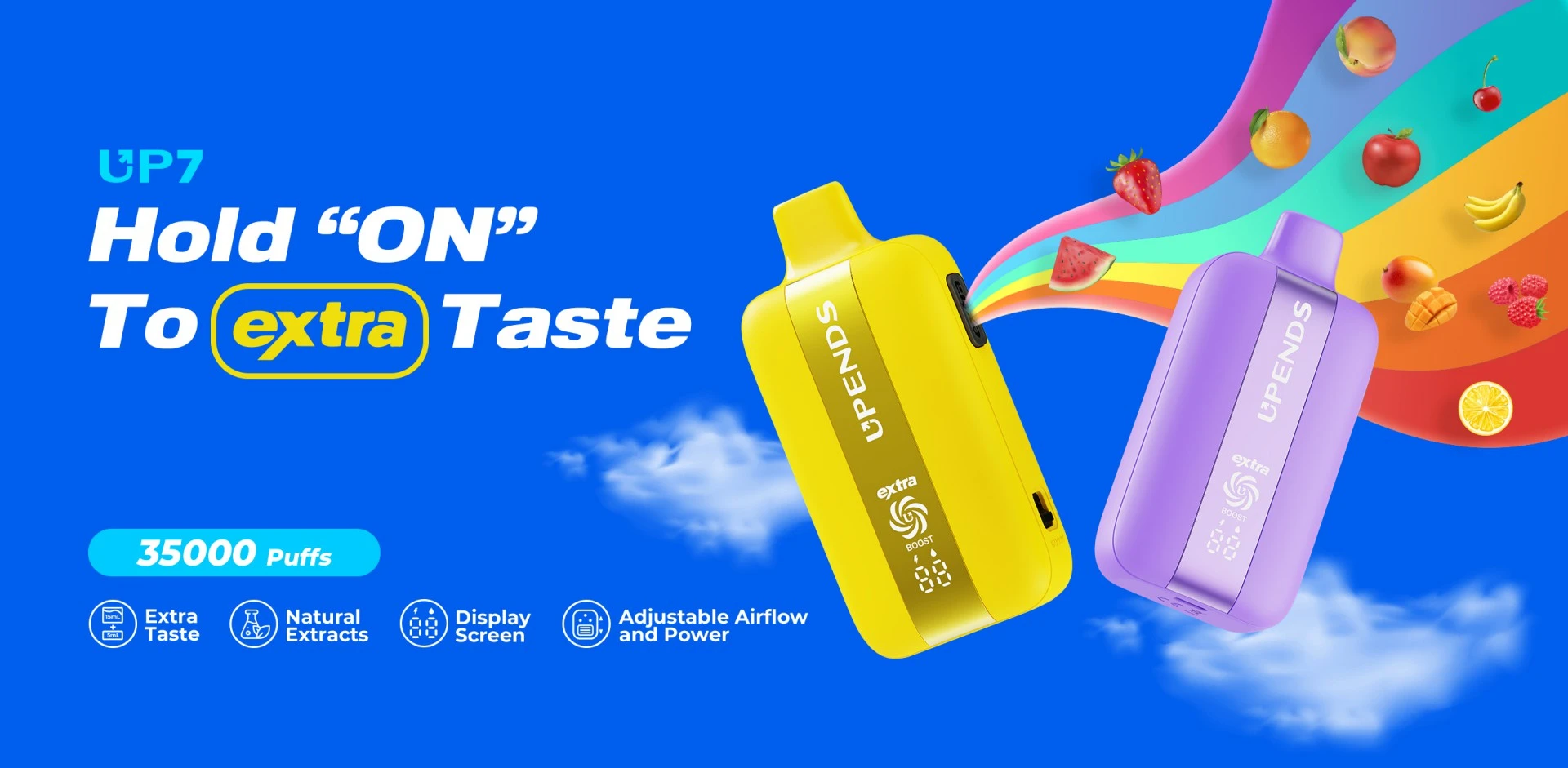 UP7 first banner 1: 35000 Puffs Disposable Vape, Extra Taste - One vape dual joy, Natural Extracts - Real fruit extract, Display Screen Adjustable Airflow and Power
