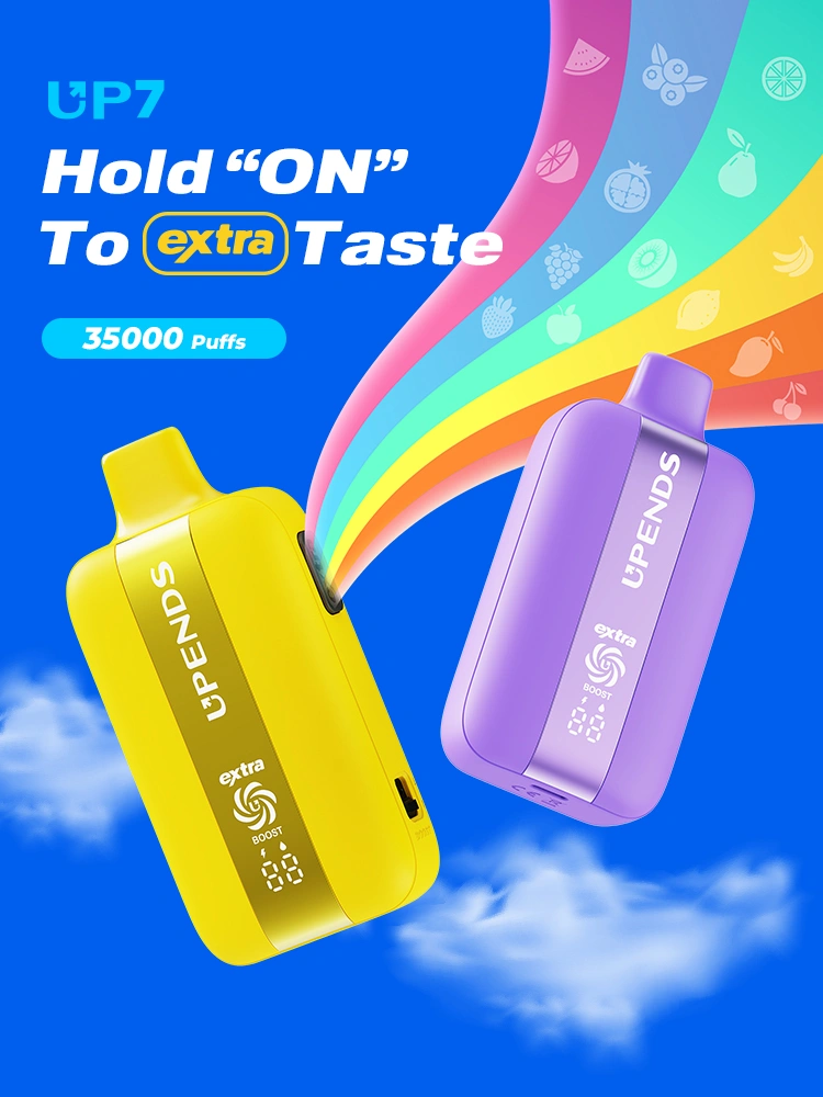 UP7 features banner 1: 35000 Puffs Disposable Vape, Extra Taste - One vape dual joy, Natural Extracts - Real fruit extract, Display Screen, Adjustable Airflow and Power