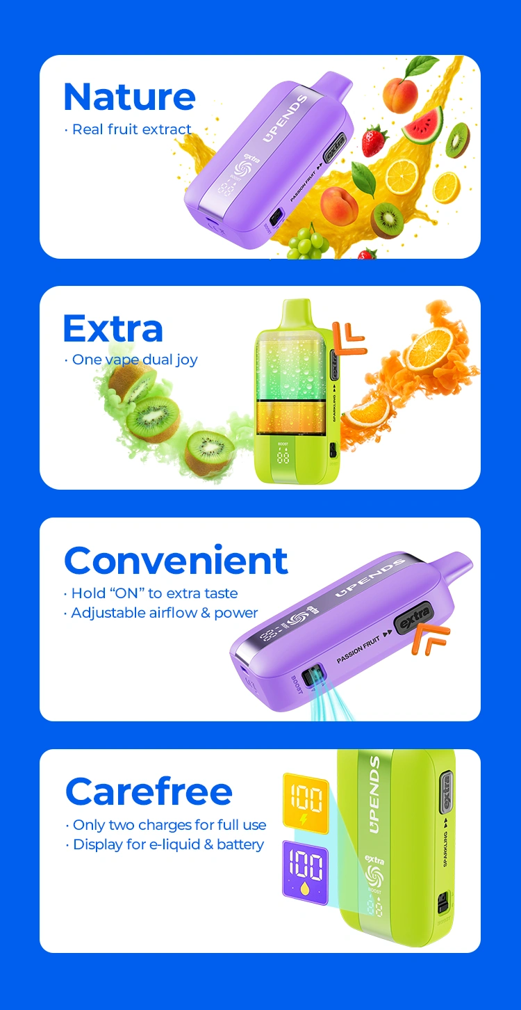 UP7 features: Nature - Real fruit extract, Extra - One vape dual joy, Convenient - Hold ON to extra taste Adjustable airflow & power, Carefree - Only two charges for full use Display for e-liquid and battery